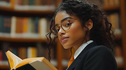 Woman in a Library Reading a Book Illustration