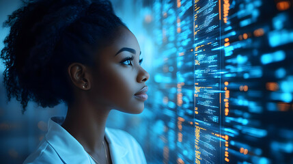 Woman Looking at Code on a Blue Screen - Realistic Image