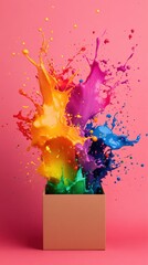 Colorful paint splashes bursting from a cardboard box on a pink background.