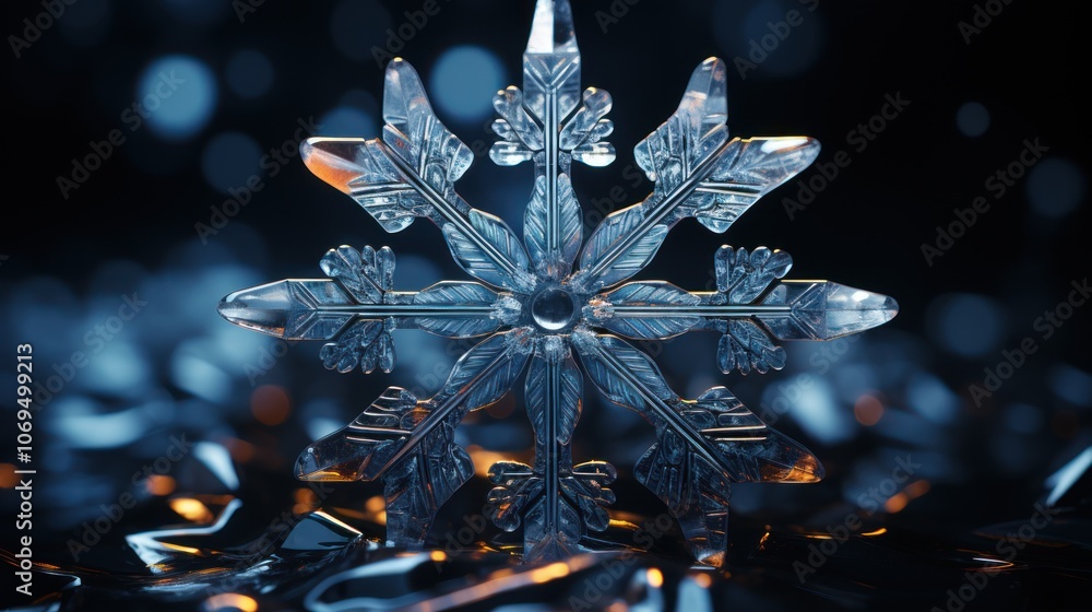 Poster a close-up of a single, intricate snowflake on a dark background with bokeh lights.