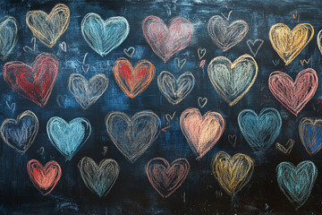 Heart doodles drawn with chalk on a blackboard background.