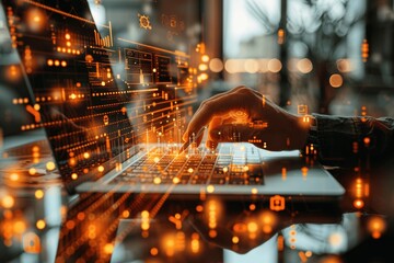 Digital Marketing Tools on Laptop with Hologram Interfaces and Logical Workflow Diagrams for Business Automation