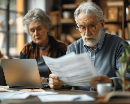 Senior Couple at Home Office Reviewing Financial Documents and Consulting Tax Advisor for Retirement Planning