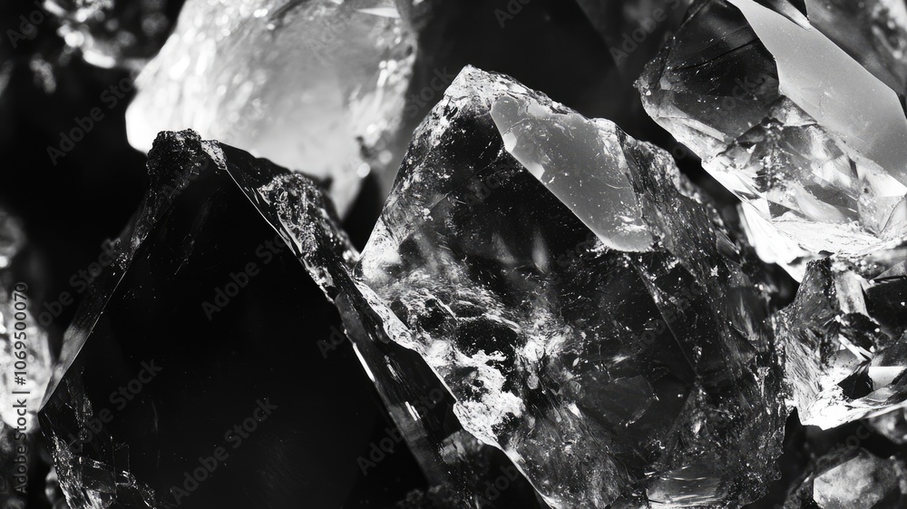 Poster close-up of shiny, transparent crystals with sharp edges
