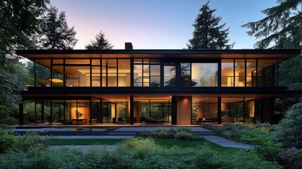 Obraz premium Modern minimalist house with large glass windows, surrounded by lush greenery, sunset lighting 