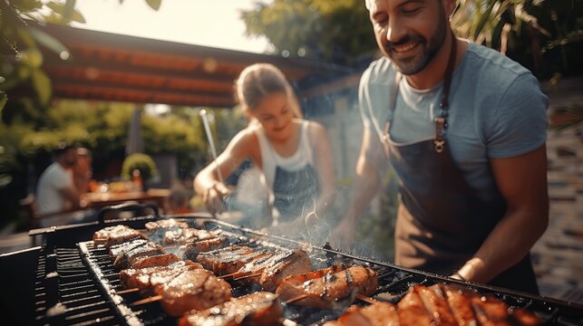 family and friends enjoying barbecue in garden, grilling meat during summer outdoor celebration, happy picnic with food and laughter - Powered by Adobe