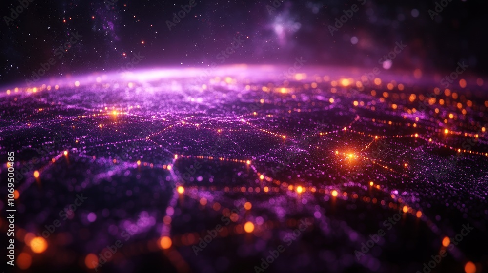 Poster an abstract image of a glowing purple and orange planet with a network of interconnected dots.