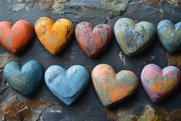 Obraz premium Whimsical chalk hearts in various sizes on a slate surface.