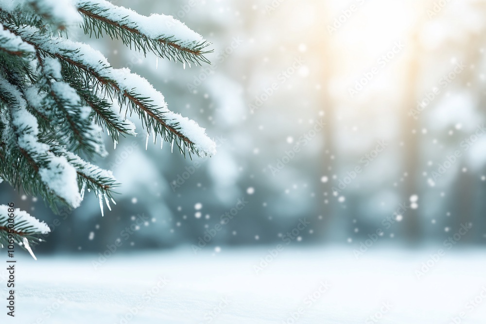 Poster close-up of snow-covered pine tree branches with a blurred background of a snowy forest.