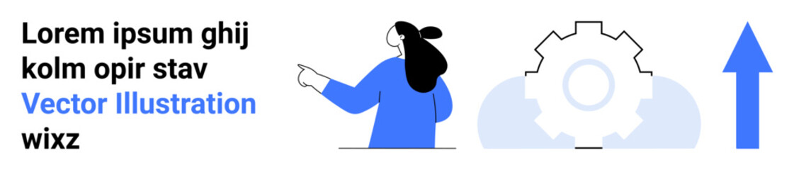 Person pointing towards a gear icon and an upward arrow, with placeholder text. Ideal for business strategy, growth, progress, innovation, teamwork, presentations, and websites. Banner for landing