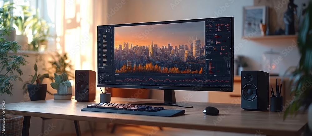 Poster a clean minimalist workspace with a computer screen displaying a cityscape at sunset, a keyboard, a 