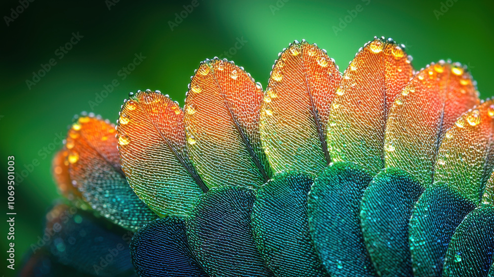 Poster vibrant macro shot of colorful feather patterns with water droplets