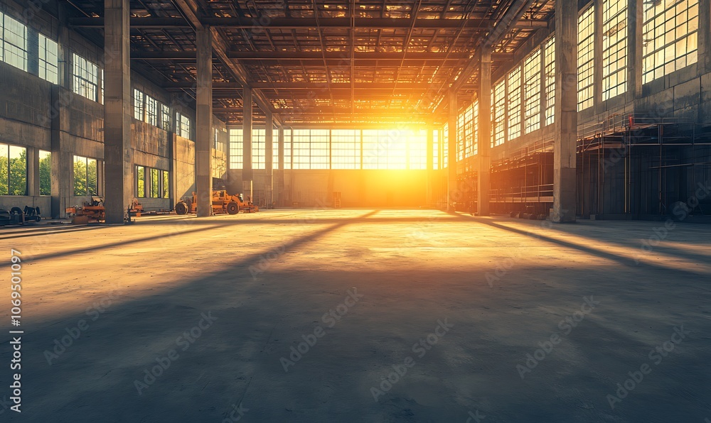 Fototapete A sunlit industrial space with large windows casting shadows on the floor, creating a warm and inviting atmosphere in an empty area.