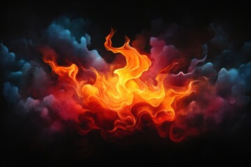 Dynamic flames with colorful smoke on a dark background.