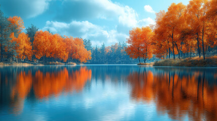 Obraz premium Beautiful autumn landscape with orange trees and a blue sky, reflected in the lake water. A fantasy nature background