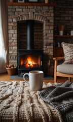 interior of a cozy house with fireplace, blankets and hot drink during winter