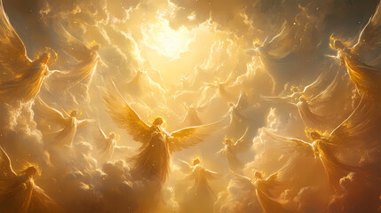 A multitude of angels with golden haloes sing in harmony, their celestial harmony resonating through a breathtaking, divine and radiant heavenly scene. Celestial. Illustration