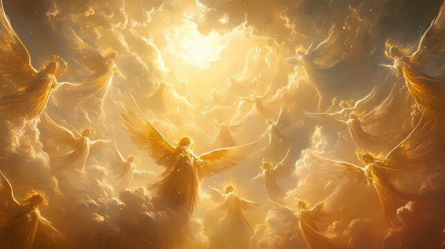A multitude of angels with golden haloes sing in harmony, their celestial harmony resonating through a breathtaking, divine and radiant heavenly scene. Celestial. Illustration
