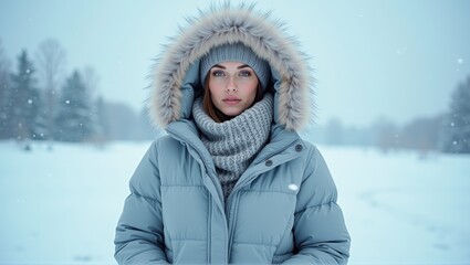 Obraz premium Person in winter clothing with obscured face, standing in a snowy landscape, trees in the background. Generative, AI.