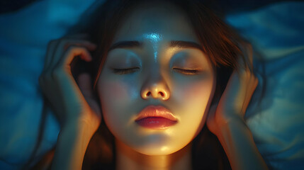 Woman with Closed Eyes in Blue and Orange Light - Illustration