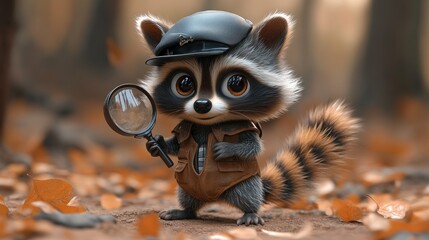 A cute cartoon raccoon wearing a detective hat and holding a magnifying glass, standing in a forest with autumn leaves on the ground.