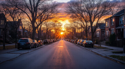 Sunrise Street Scene: Residential Houses, Cars, Autumn Trees