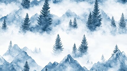 Fototapeta premium Watercolor Painting of a Misty Mountain Range with Pine Trees
