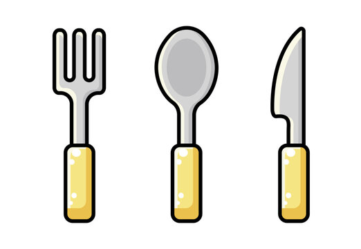 Kitchen cutlery icon set. Outline cute kawaii fork, spoon, and knife with a yellow handle. Dining, eating tools collection vector illustration isolated on white background. Flatware top view