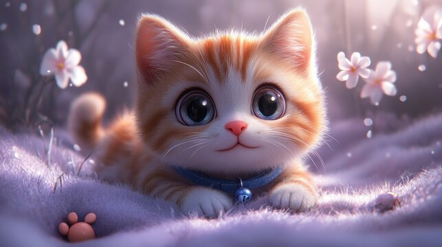 A cute, orange tabby kitten with big blue eyes lays on a soft, purple blanket with white flowers and a blue collar with a bell. - Powered by Adobe