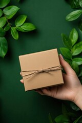 Hand holding a small gift box decorated with twine, surrounded by green leaves.
