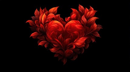 Heart shape filled with vibrant red leaves on a black background.