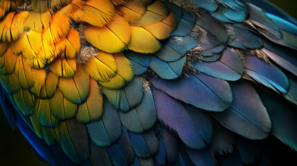Obraz premium Vibrant Parrot Feathers: Closeup Macro Photography of Iridescent Blue and Gold Plumage