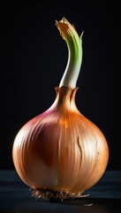 Elegant onion with curled stem against dark background