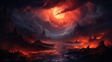A fiery landscape with a large red moon in the sky, dark clouds, and a river of lava.