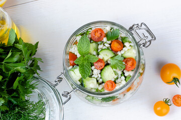Tabbouleh salad national traditional food middle eastern. Healthy vegetarian food. top view 
