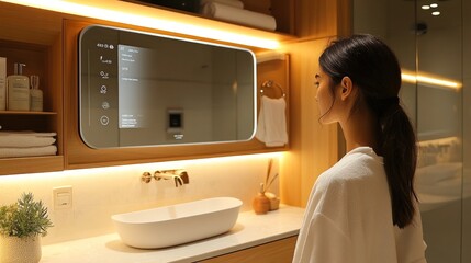 A young woman standing in front of a smart mirror in a modern bathroom. The mirror has a touch screen with various applications.