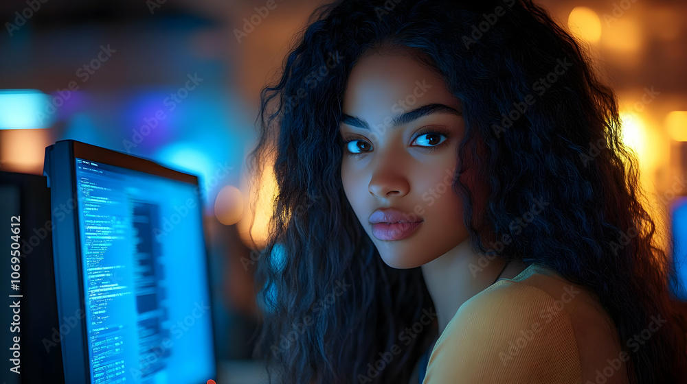 Poster woman looking at camera with a computer in the background - realistic image