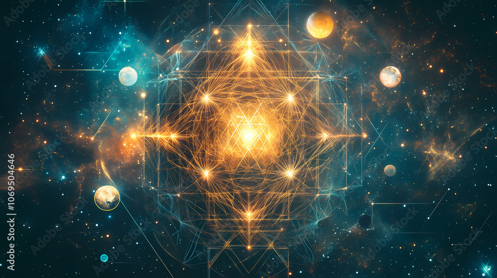 Wall mural abstract art of sacred geometry shapes with stars, planets, and a mystical aura, symbolizing spiritu