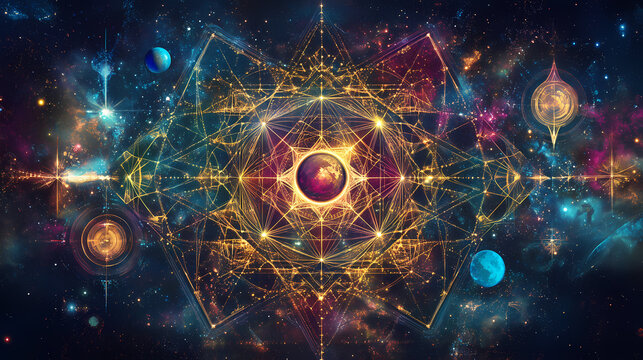 Abstract art of sacred geometry shapes with stars, planets, and a mystical aura, symbolizing spiritual connection, cosmic energy, balance, enlightenment, and celestial power. Celestial. Illustration