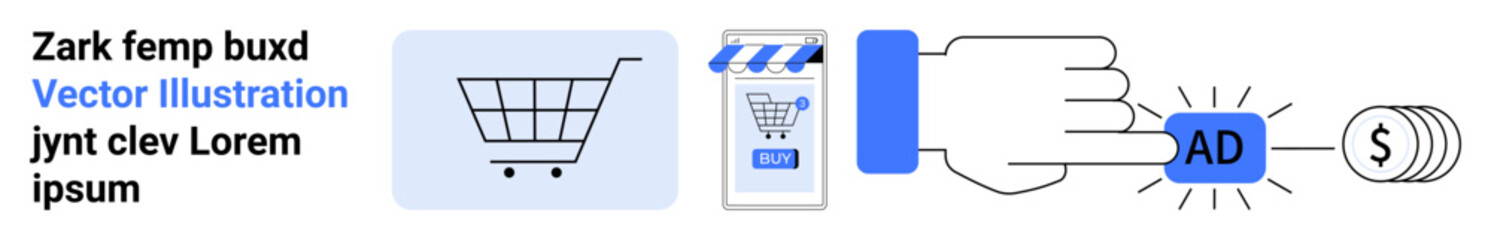 Digital shopping cart, smartphone, hand clicking ad, dollar sign. Ideal for e-commerce, digital ads, PPC campaigns, online shopping, app promotions, digital marketing, financial tech. Landing page