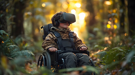 Fototapeta premium Boy in Wheelchair Exploring Nature with Virtual Reality Headset - Realistic Photo