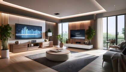 Modern Living Room with  TV,  Wood Paneling and Plants