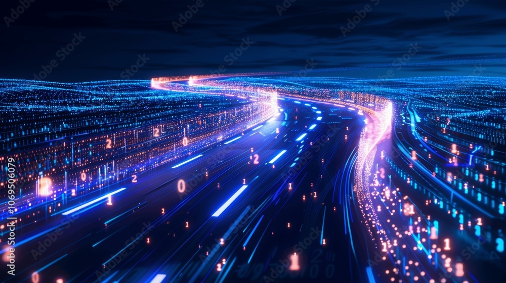 Poster Futuristic Digital Highway with Binary Code and Light Trails - Technology Concept Road in Cyberspace - 3D Illustration