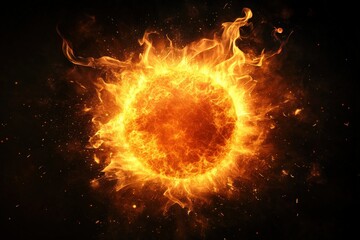 Vibrant depiction of the sun with fiery flames against a dark background.