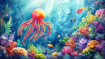 Obraz premium Vibrant Watercolor Octopus Coral Reef Underwater Scene