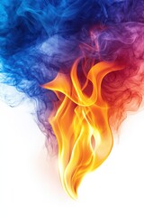 Vibrant flames enveloped in colorful smoke, striking visual on white isolated background.