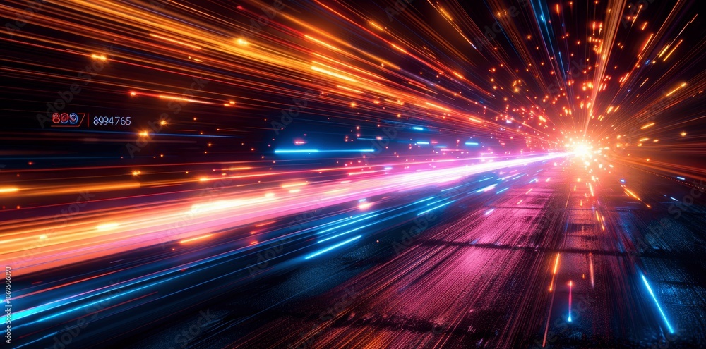 Poster dynamic digital motion with blue orange purple light trails on dark background representing data tra