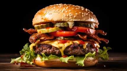 Burger, cheese, lettuce, tomato, sesame seeds. A mouthwatering indulgence on a dark backdrop.