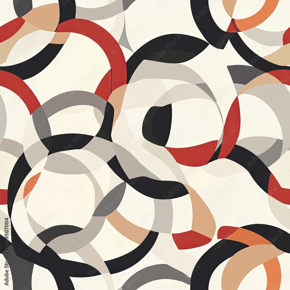 Poster abstract geometric pattern with interlocking circles and arcs in red, black, gray, and beige
