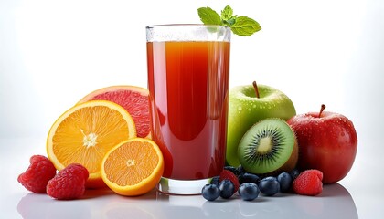 Fototapeta premium A glass of fresh fruit juice surrounded by various fruits, including oranges, apples, kiwi, raspberries, and blueberries.